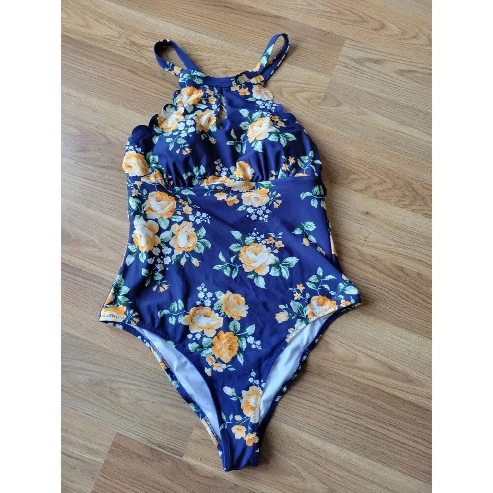 Cupshe Navy One-Piece Swimsuit with Yellow Floral Print size M